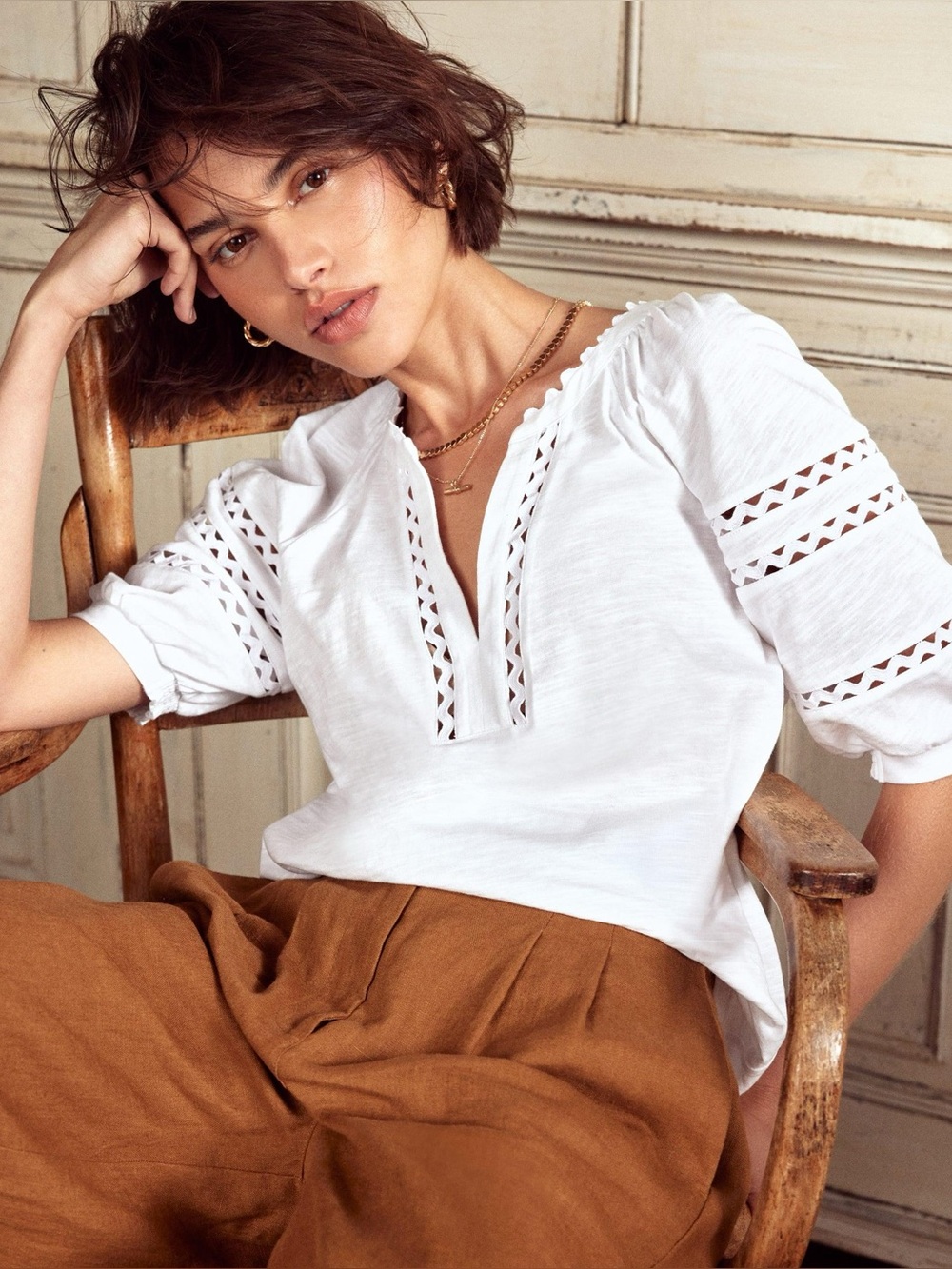 Boden Maisy Rikrak Trim Top in White Crochet-Trim V-Neck Women's Top 8